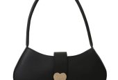 Baguette-style shoulder bag featuring a silver heart-shaped closure