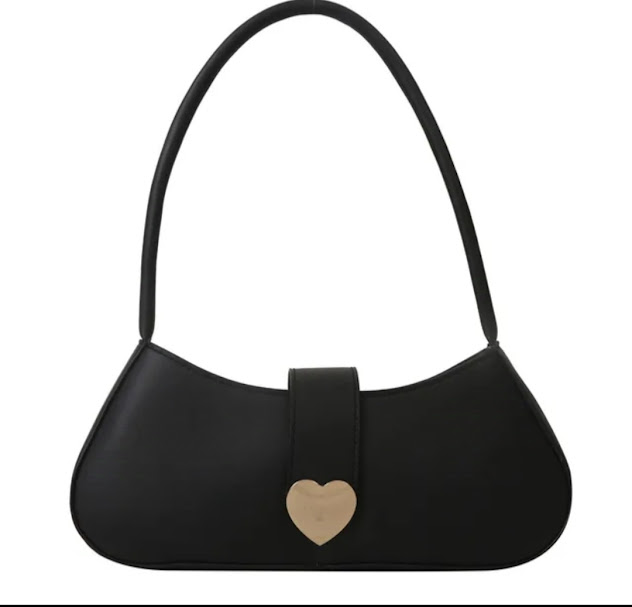 Baguette-style shoulder bag featuring a silver heart-shaped closure