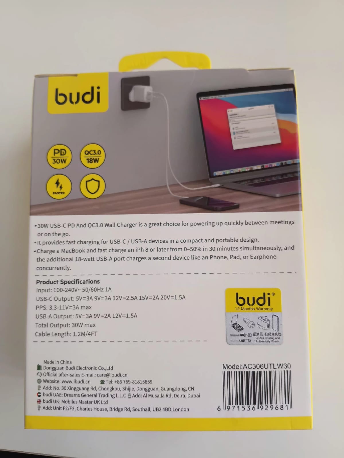BUDI PD 30W GaN AND QC 18W WALL CHARGER +USB-C TO iPH CABLE